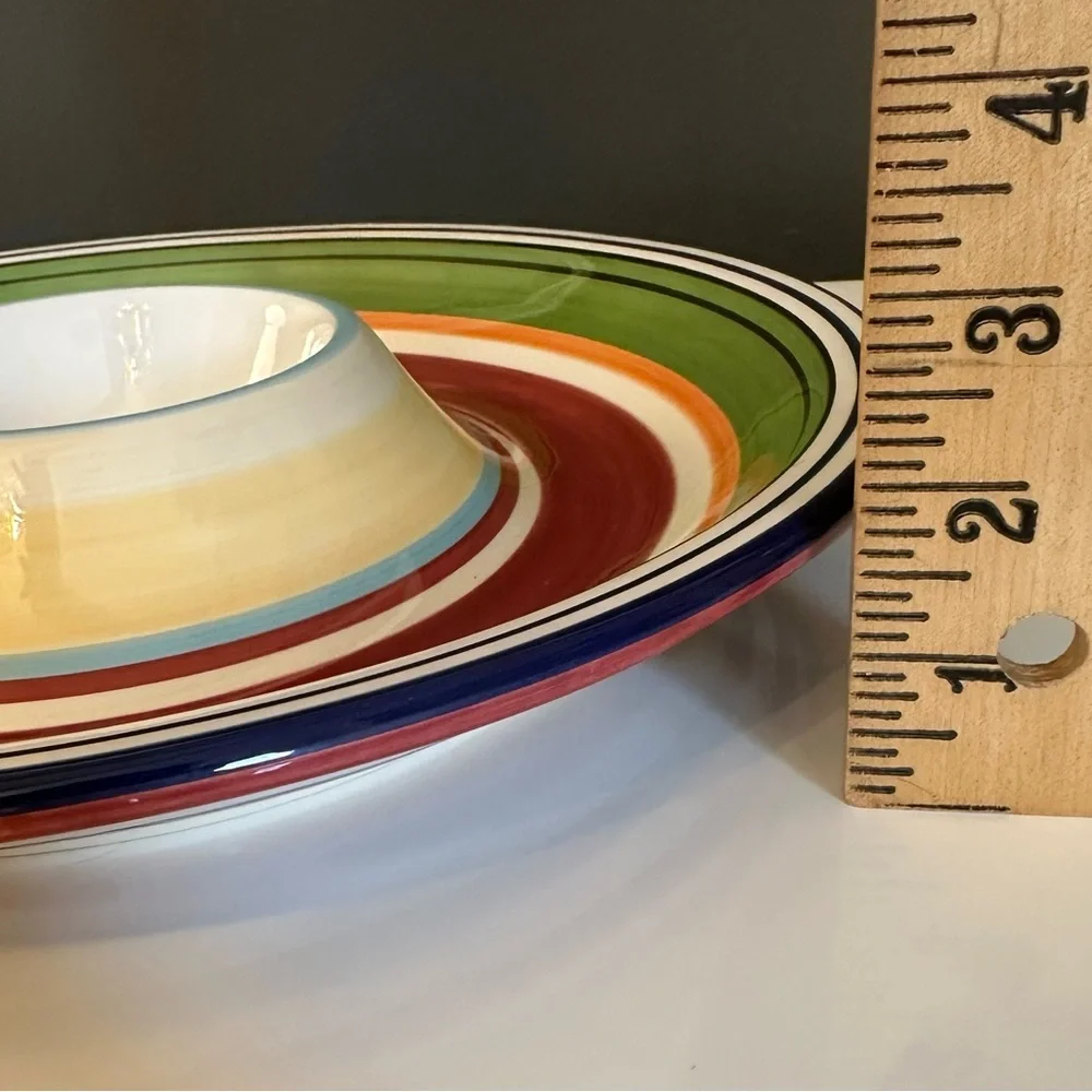 Pottery Barn Chip Dip Espadrille Stripe Bowl Platter Red Blue Green Yellow Round